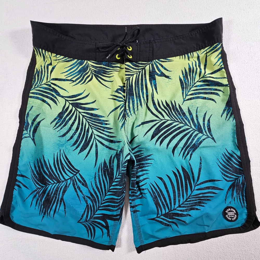 Ron Jon Surf Shop Board Shorts Mens 34 Green Blue Ombre Tropical Palm Leaf Print